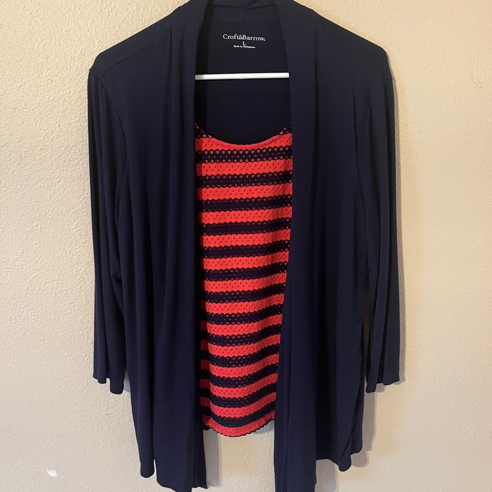Croft & Barrow Navy Blue Open-Front Cardigan With Attached Orange & Blue Top